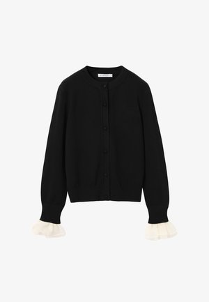 Cardigan noir avec un col rond, fermeture à boutons sur le devant et manches longues. Les poignets sont ornés de détails volants blancs pour un plus de style. Matériau en maille douce.