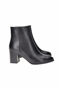 Stivaletti neri in pelle con una texture liscia, punta affusolata e tacco a blocco medio. Caratterizzati da un design elegante e uno stile minimalista.