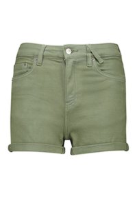 Pantalones cortos de mezclilla verdes con un diseño ajustado, que cuentan con un botón y cremallera, costura decorativa y puños doblados.