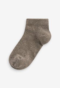 Chaussette marron jusqu'à la cheville en tissu texturé, dotée d'un revers côtelé et d'un bout renforcé. Design simple, de couleur unie sans motifs.