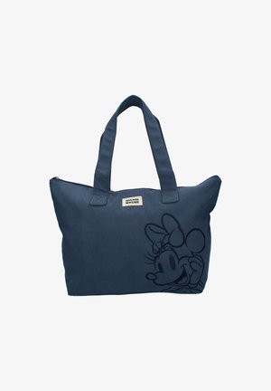 Marineblå tote-bag med broderi af Minnie Mouse, to håndtag, lynlås lukning og en lille "Minnie Mouse" label på forsiden.