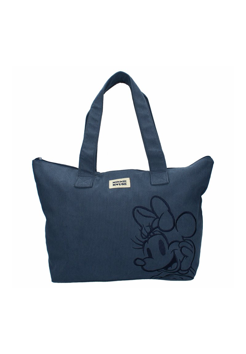 Laivansinis kassi, jossa on Minni Hiiri -kirjonta, kaksi kahvaa, vetoketjukiinnitys ja pieni "Minni Hiiri" -etiketti edessä.