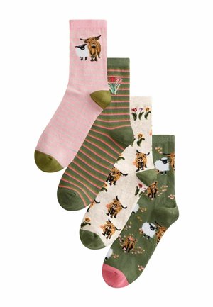 Five pairs of colorful socks: pink with sheep, green floral, striped olive, cream with cows, and dark green with sheep patterns. Cotton blend.