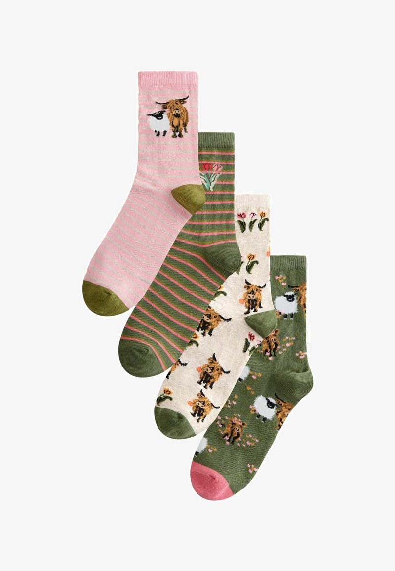 Fünf Paar bunte Socken: pink mit Schafen, grün mit Blumenmuster, gestreift in Oliv, cremefarben mit Kühen und dunkelgrün mit Schafmustern. Baumwollmischung.