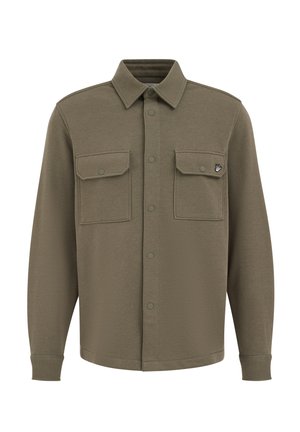 Cămașă kaki cu mâneci lungi, guler cu nasturi, două buzunare frontale și închidere cu capse; realizată dintr-un material texturat.