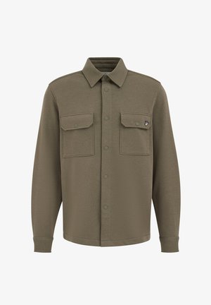 Olívazöld hosszú ujjú ing gombos gallérral, két első zsebbel és patentos záródással; texturált anyagból készült.