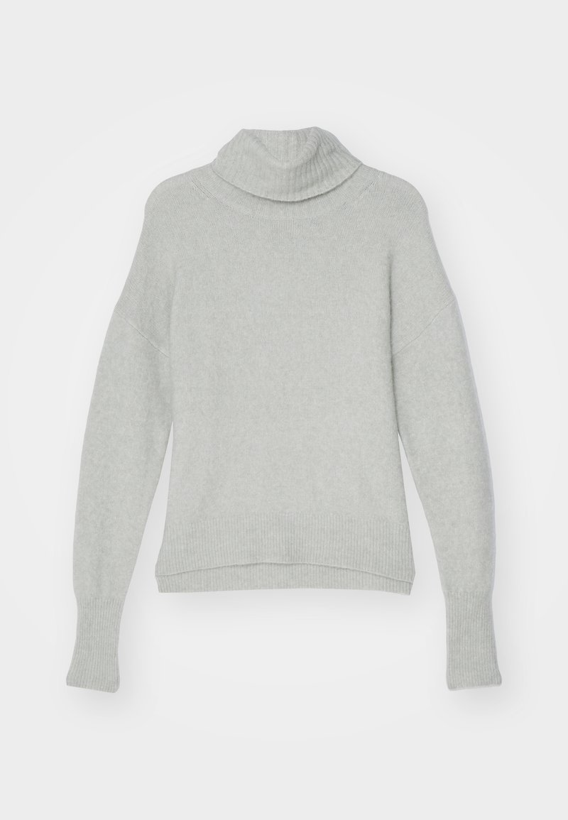 Maglione a collo alto grigio chiaro con colletto e polsini a costine. Tessuto a maglia morbido e testurizzato, spalle cadenti e design rilassato.