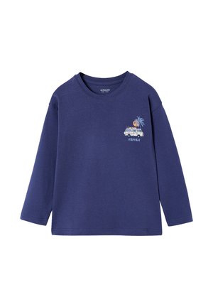 Navy blue long-sleeve shirt with a small front graphic of a van, palm tree, sun, and the word "Hawaii" on the upper left chest.