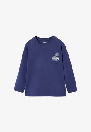 Marineblaue Langarmshirt mit einer kleinen Grafik vorne auf der linken Brustseite, die einen Van, eine Palme, die Sonne und das Wort "Hawaii" zeigt.