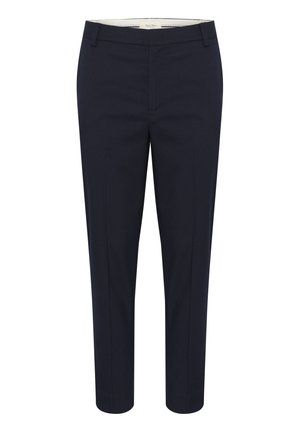Sötétkék, testre szabott nadrág könnyű anyagból, egyenes vonalvezetéssel, gyűrődési vonalakkal és első zsebekkel, klasszikus megjelenésért.
