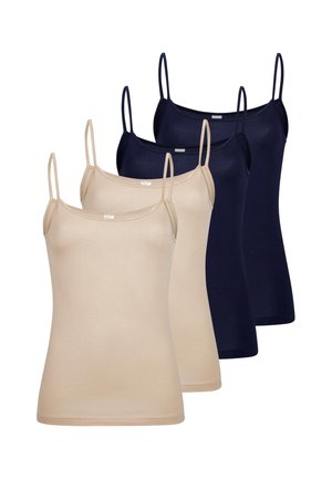Deux camisoles beiges et deux noires pour femmes avec fines bretelles spaghetti, disposées par alternance de couleurs, exposées sur fond blanc.