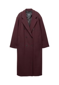 Bordeaux villasekoite kaksirivinen takki, jossa on suuret läpät, kaksi etutaskua ja mustat napit. Sujuva pinta, polvimittainen, rento istuvuus.