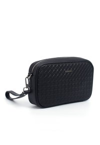 Black leather bag with woven texture, rectangular shape, silver hardware, and detachable wrist strap. Zipper closure along the top edge.