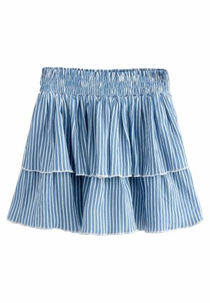 Blue and white striped tiered skirt made of lightweight fabric, featuring an elastic waistband and ruffled hem detailing.