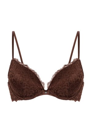 Reggiseno marrone in pizzo con spalline sottili regolabili, coppe imbottite, bordi smerlati e un piccolo fiocco con un ciondolo al centro davanti.