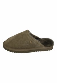 Bruine suède klompslippers met een zachte bontvoering, ronde neus en gestructureerde rubberen zool. Bevat minimale merkdetails.
