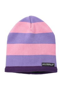 Czapka robiona na drutach z poziomymi paskami w kolorze różowym, jasnofioletowym i ciemnofioletowym, z metką marki na dole.