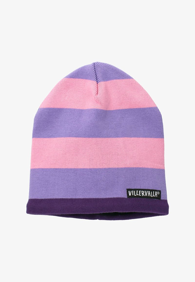 Czapka robiona na drutach z poziomymi paskami w kolorze różowym, jasnofioletowym i ciemnofioletowym, z metką marki na dole.
