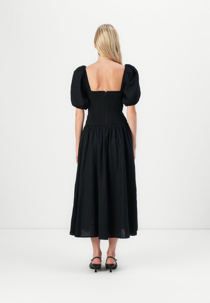 black emerson dress abercrombie Women's The A&F Emerson Poplin Puff Sleeve Midi Dress in Black Print | Size XS TALL