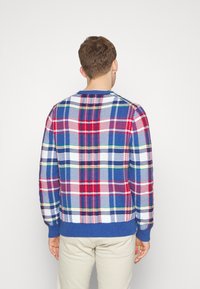 Stickad tröja med ett flerfärgat rutmönster i blått, rött, vitt och grönt. Ribbad mudd och nederkant med rundad halsringning.