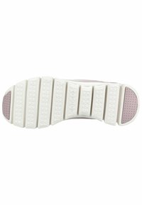 Semelle de sneaker Skechers en caoutchouc blanc, texture à motifs, design segmenté et un accent rose pâle au niveau du talon.