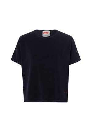 Zwarte korte mouwen, cropped T-shirt met een ronde hals en een "BEACH PLEASE" label aan de binnenkant van de hals.