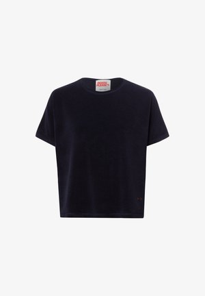 Zwarte korte mouwen, cropped T-shirt met een ronde hals en een "BEACH PLEASE" label aan de binnenkant van de hals.