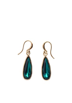 Boucles d'oreilles à crochet en or avec des pierres précieuses facettées en forme de goutte allongée de couleur vert foncé.