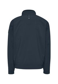 Navy blue jacket with a high collar, long sleeves, and elastic hem. Simple design, no visible patterns or hardware on the rear view.