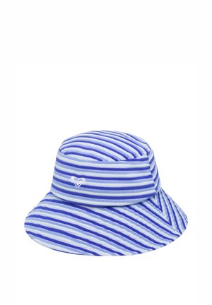 Chapeau bob rayé bleu et blanc avec un large bord et un petit cœur brodé sur le côté.