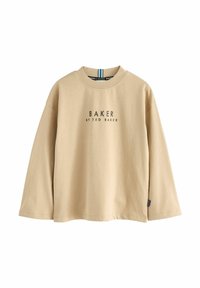 Šviesiai smėlio spalvos ilgomis rankovėmis džemperis su apvaliu kaklo iškirpimu, ant kurio tamsiai pilkai užrašyta "BAKER BY TED BAKER". Minkšta medvilnė, laisvas siluetas.