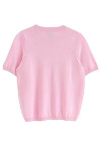 Maglione a maniche corte, con colletto rotondo, di colore rosa chiaro, realizzato in materiale morbido con una texture liscia e rifiniture a coste lungo il collo e l'orlo.