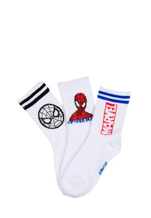 Three white crew socks with black stripes and Spider-Man face, red Spider-Man mask with text, and blue stripes with red Marvel logo.