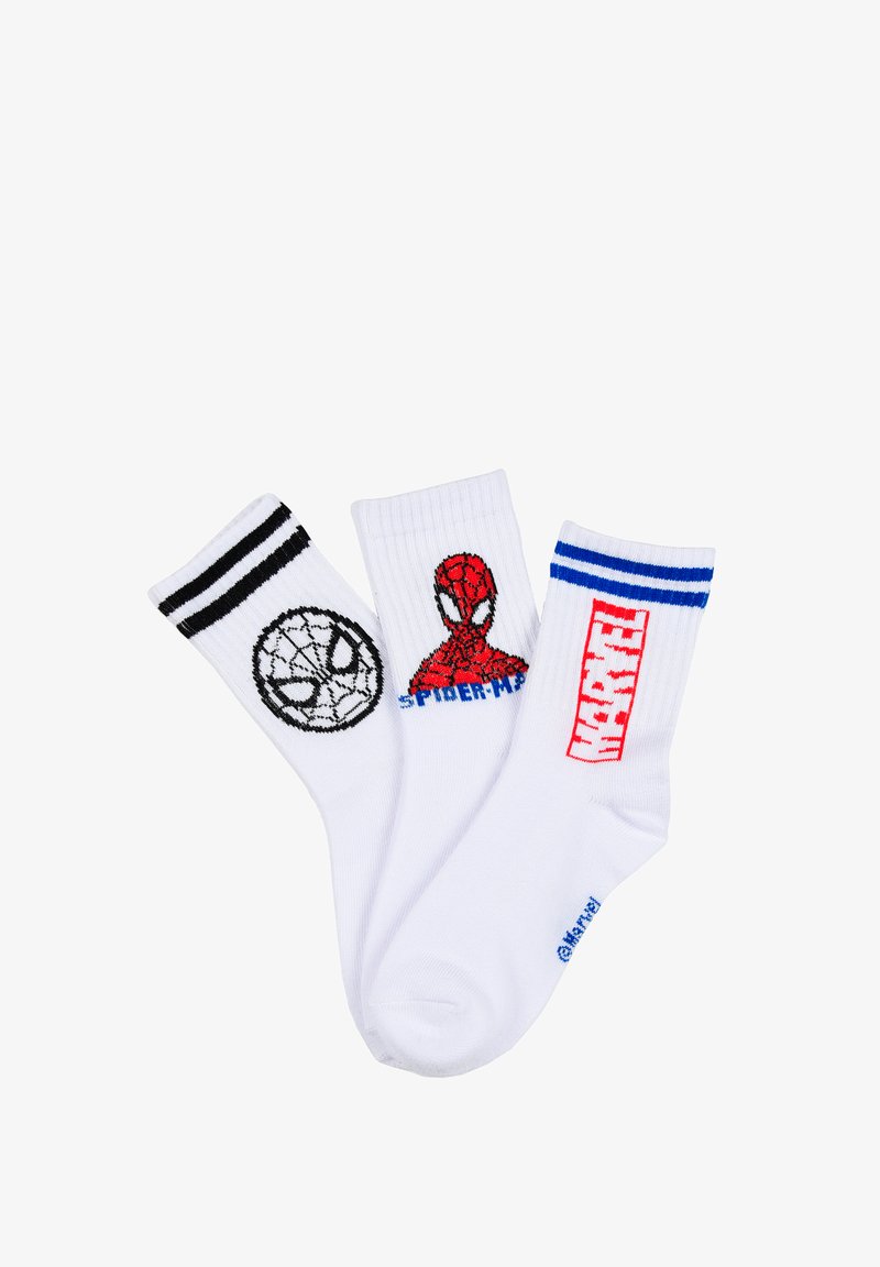 Drei weiße Crew-Socken mit schwarzen Streifen und dem Spider-Man-Gesicht, roter Spider-Man-Maske mit Text und blauen Streifen mit rotem Marvel-Logo.