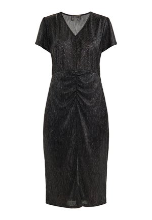 Černé šaty s krátkým rukávem, výstřih do V, textura s lesklými vertikálními pruhy, na úrovni pasu nařasené detaily, délka po kolena.