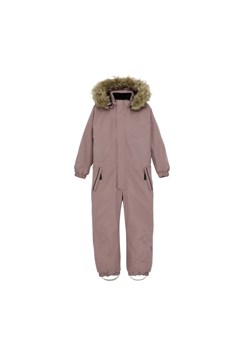 Rosa vattentålig overall med en foder av päls vid huvan, elastiska ärmslut, två framfickor och förstärkta fållar för ökad hållbarhet.