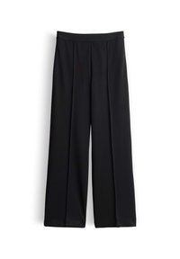 Pantalon noir à jambes larges avec plis sur le devant, taille haute et ourlets pliés, présenté sur fond blanc.