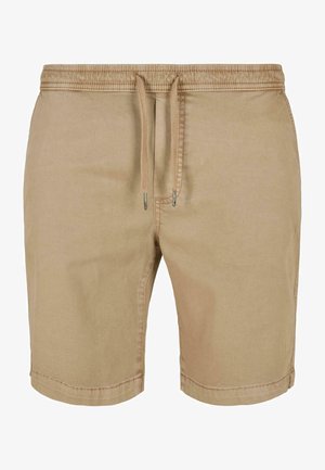 Beige színű, pamutból készült rövidnadrág rugalmas derékkal és húzózsinórral, varrott szegélyekkel és sima textúrával.