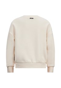 Felpa color beige chiaro con scollo a girocollo, spalle ribassate e polsini a coste. Presenta un'etichetta con logo sulla parte posteriore del collo e una texture morbida.