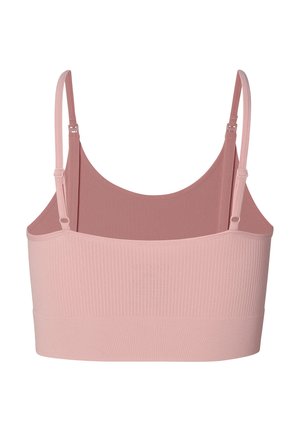 Bralette rose clair à côtes avec bretelles ajustables, texture lisse et design simple. Caractérisé par un dos sans coutures pour plus de confort.