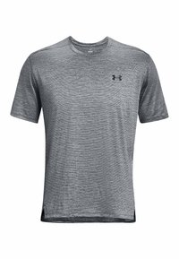 Pánské šedé sportovní tričko s krátkým rukávem, jemnými vodorovnými pruhy a malým černým logem Under Armour na hrudi.