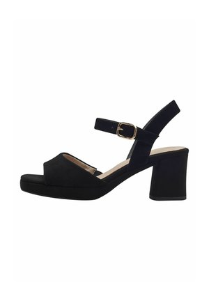 Czarne zamszowe sandały na obcasie z szerokim paskiem na palcach, regulowanym paskiem na kostkę i masywnym słupkowym obcasem. Gładka faktura, minimalistyczny design.