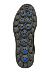 Suola di scarpa in gomma nera con accenti circolari blu e grigi, caratterizzata da una superficie testurizzata e fori di drenaggio per la traspirabilità.