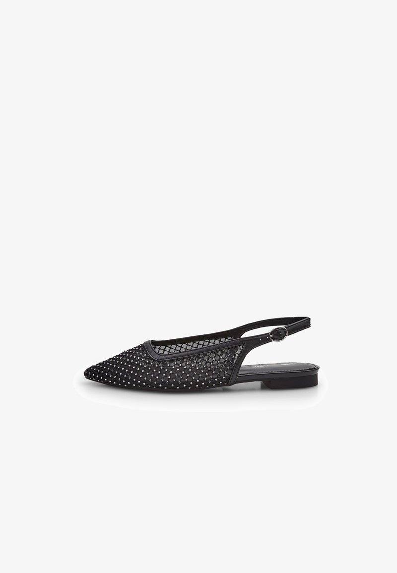 Pantofă neagră cu toc slingback, având vârful ascuțit, design din plasă și accesorii decorative. Toc joasă plată și curea ajustabilă cu cataramă rotundă.