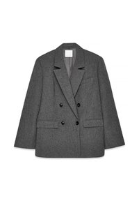 Mørkegrå dobbeltradet blazer med brede revers, fire sorte knapper, to frontlommer med klap og én brystlomme, lagt fladt.
