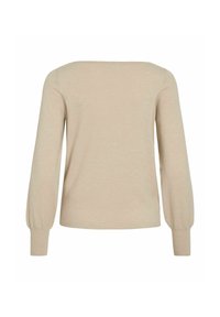 Langarmtop van zachte beige brei, met een vierkante halslijn en puffmouwen met aansluitende manchetten. Soepele textuur, minimalistisch ontwerp.
