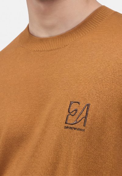 Gros plan d'une personne portant un pull en maille marron à col rond avec le logo "EA Emporio Armani" brodé sur la poitrine.