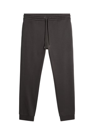 Dunkelgraue Jogginghose aus weichem Material, mit elastischem Bund und Kordelzügen sowie gerippten Knöchellöchern. Minimales Branding ist sichtbar.