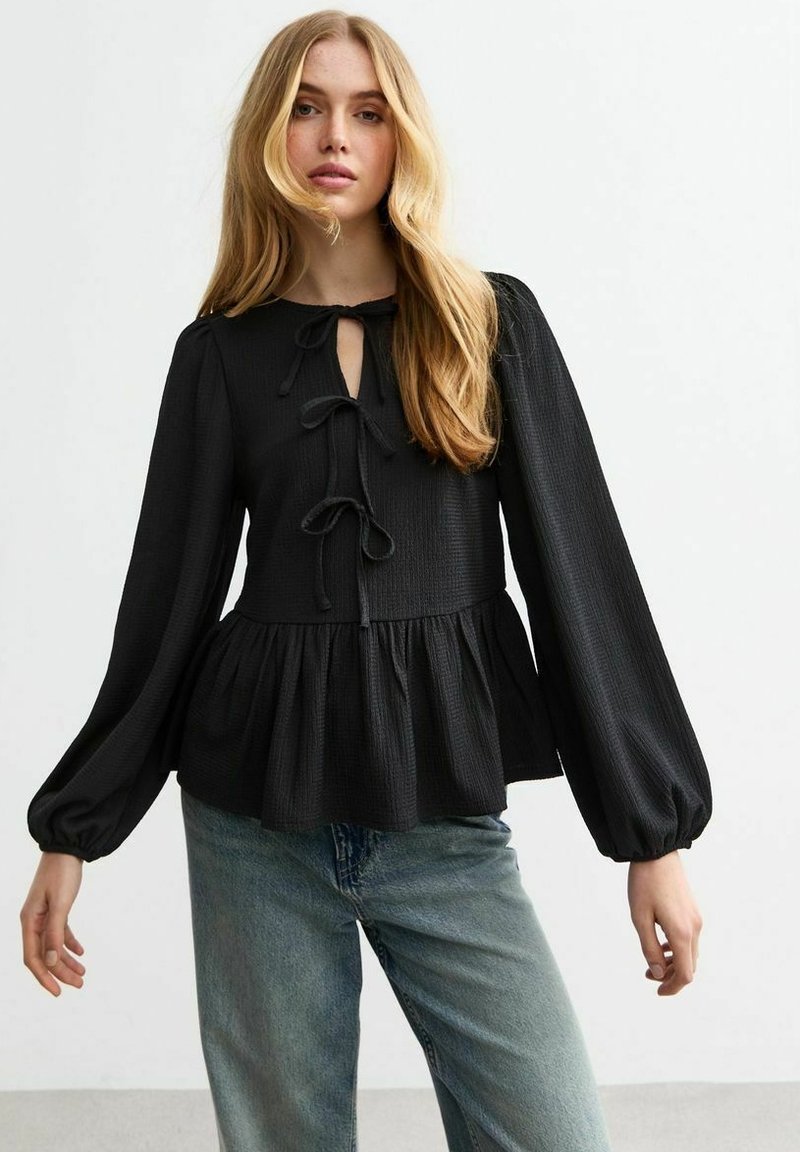 New Look TIE FRONT CRINKLE LONG SLEEVE - Longsleeve - black