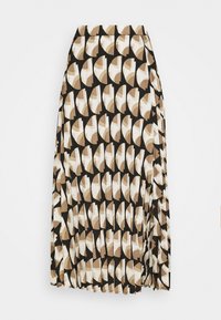 Plissierter Midirock mit geometrischem Muster in Braun, Beige und Weiß, mit tailliertem Bund und fließender Stoffstruktur.